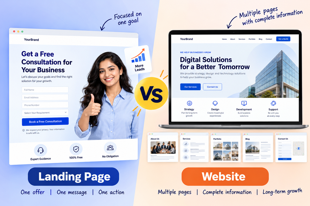 Landing page vs website comparison for lead generation