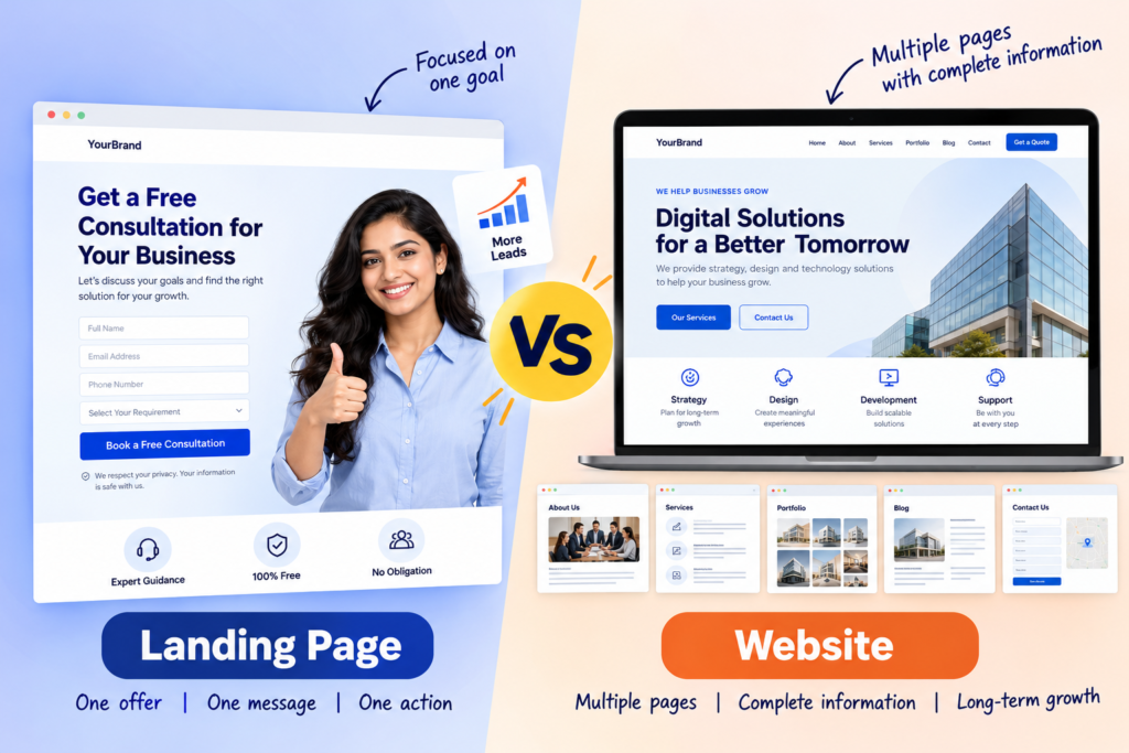 Landing page vs website comparison for lead generation